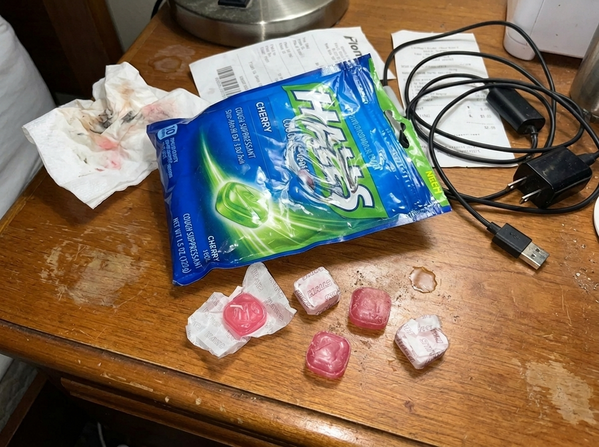 A half-empty Halls cough drops bag on a cluttered nightstand with scattered lozenges, a tissue and a phone charger