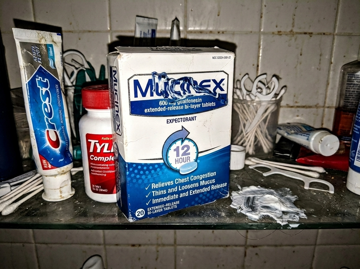 A worn Mucinex 12-hour box crammed on a crowded, grimy bathroom shelf
