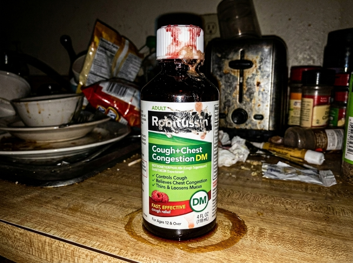 A Robitussin DM bottle with a crusted cap and a sticky ring on a cluttered kitchen counter at night