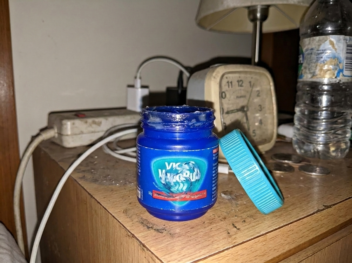 A Vicks VapoRub jar with the lid off and a greasy rim on a dusty, cluttered nightstand