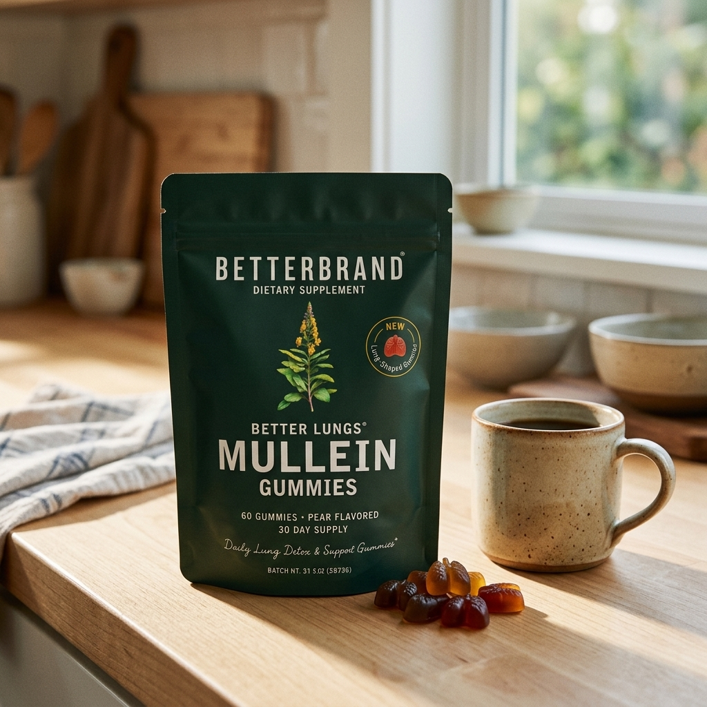 BetterLungs Mullein Gummies pouch on a morning kitchen counter beside a coffee mug and a few lung-shaped gummies